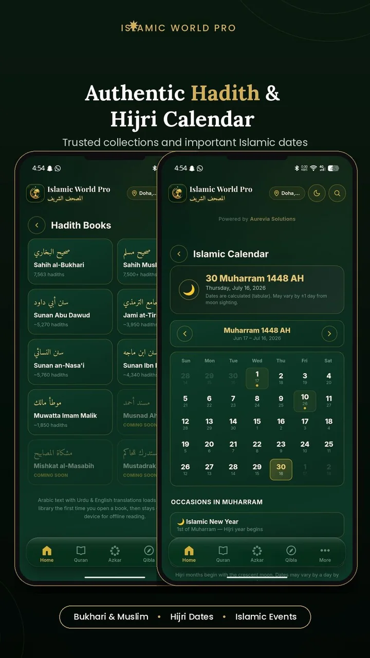 App screen — Hadith library and Hijri calendar