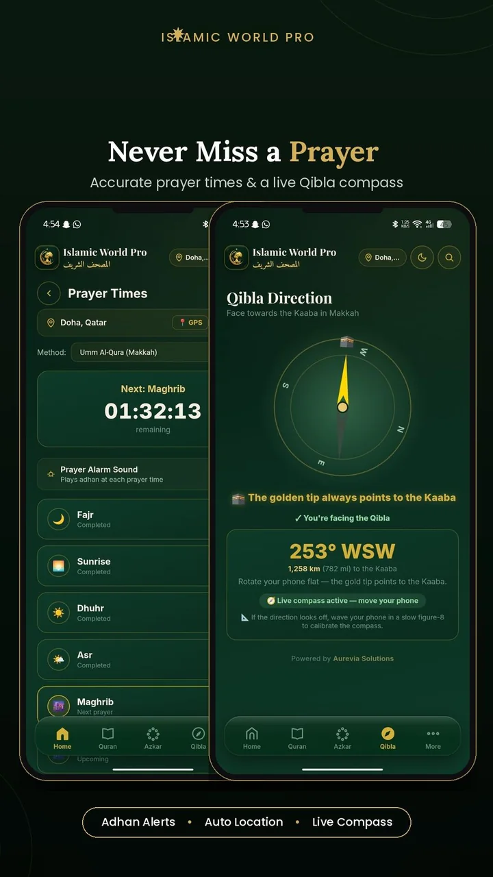 App screen — prayer times and Qibla compass