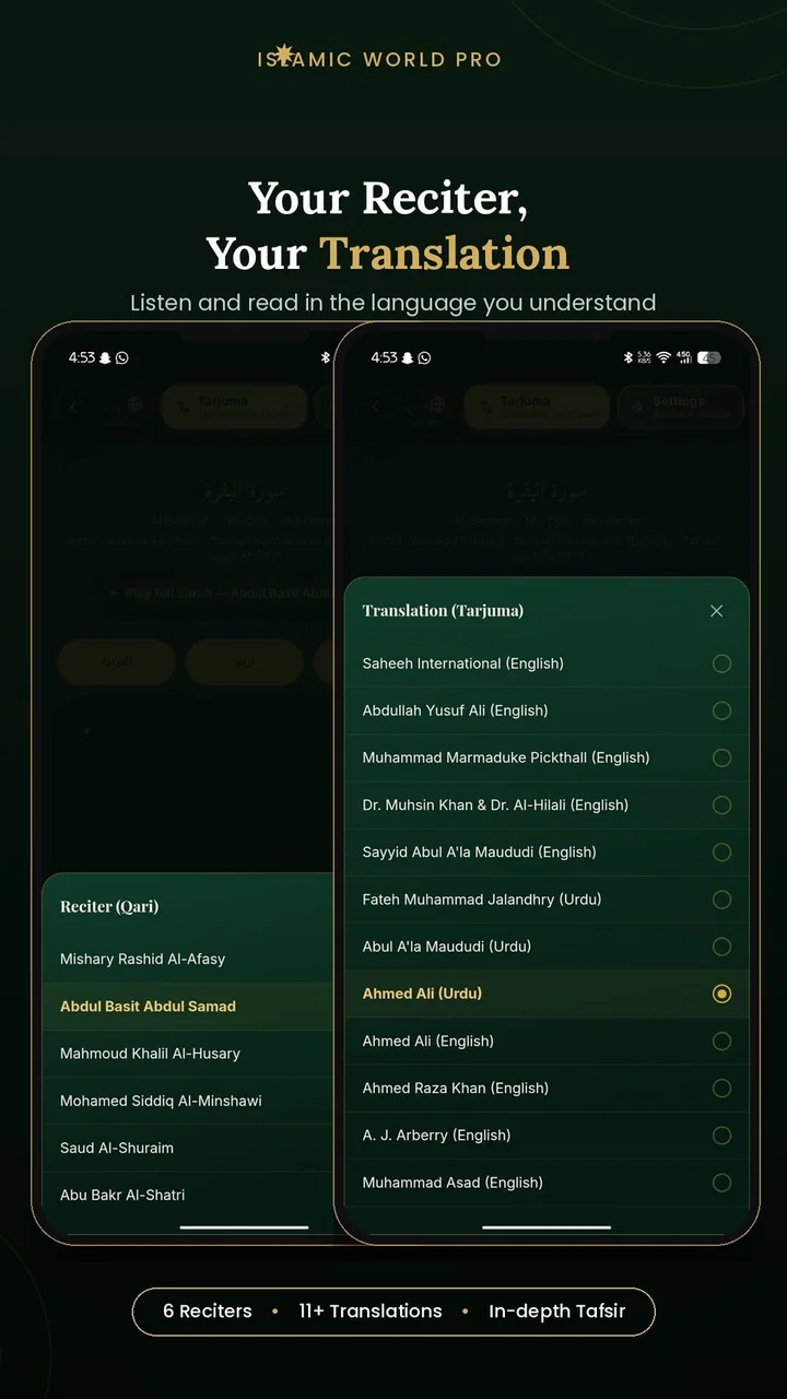 App screen — reciter and translation picker