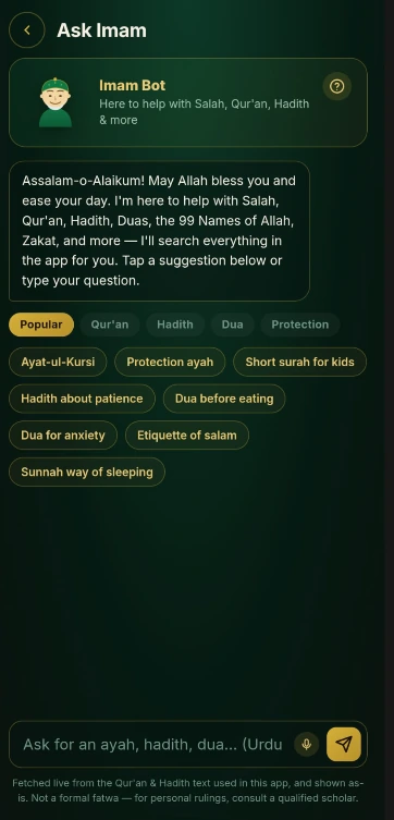 Islamic World Pro screenshot — Ask Imam AI chat