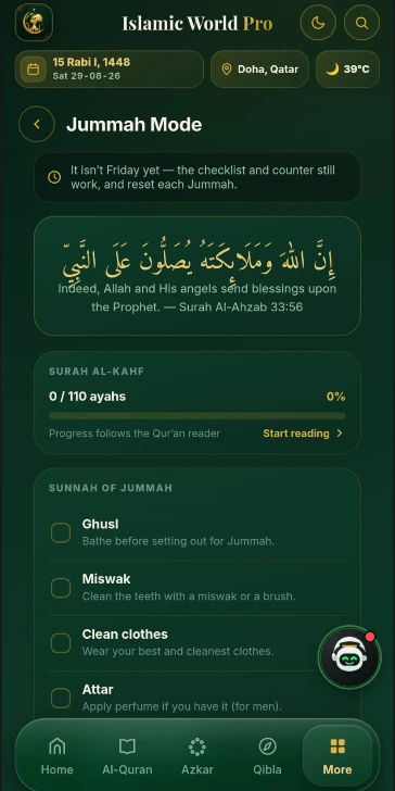 Islamic World Pro screenshot — Jummah Mode Friday checklist
