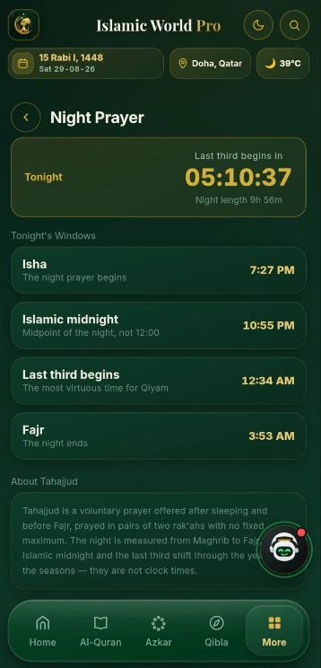 Islamic World Pro screenshot — Night Prayer Tahajjud timings