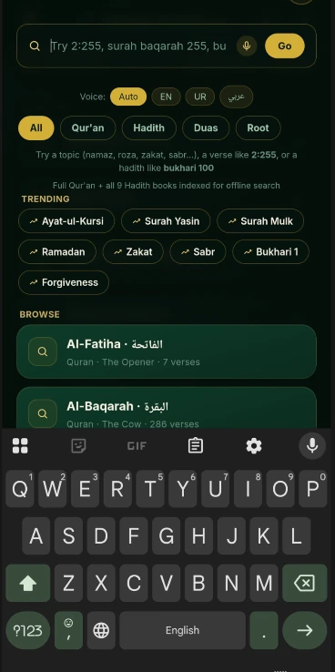 Islamic World Pro screenshot — instant search with voice input