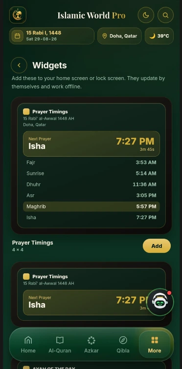 Islamic World Pro screenshot — home screen prayer timing widgets
