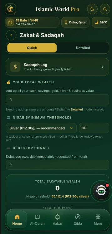 Islamic World Pro screenshot — Zakat and Sadaqah calculator
