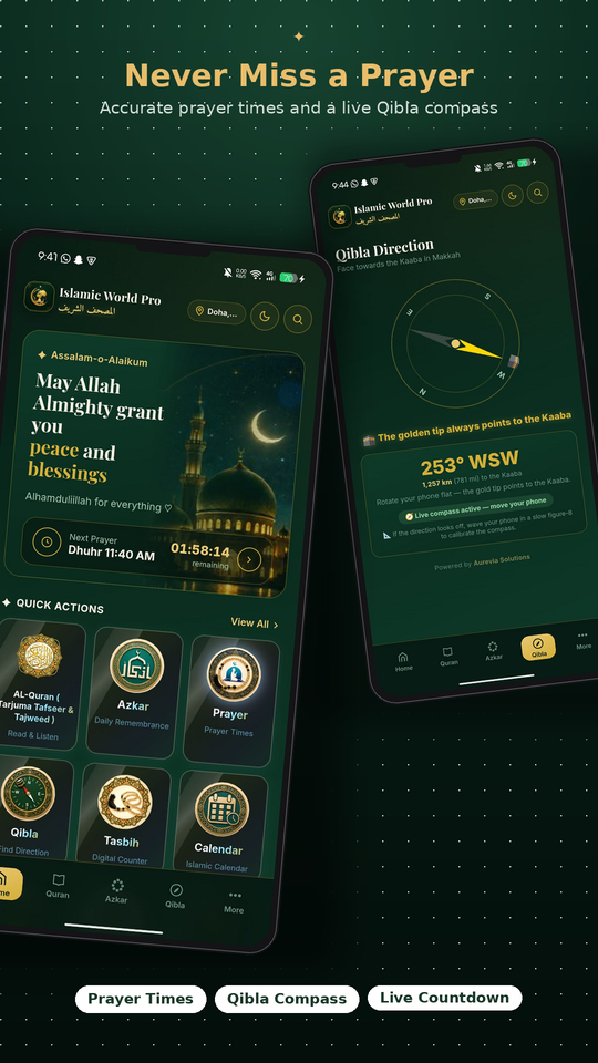 Prayer times and live Qibla compass